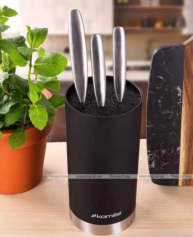 Подставка Kamille Black&Silver, колода для ножей Ø11х22см с полипропиленовым наполнителем