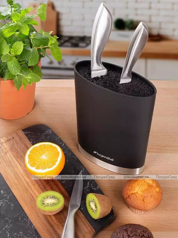 Підставка Kamille Black&Silver, колода для ножів 16х7х22см з поліпропіленовим наповнювачем