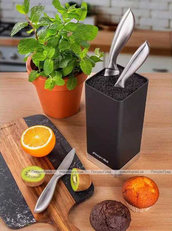 Подставка Kamille Black&Silver, колода для ножей 9.5х9.5х22см с полипропиленовым наполнителем