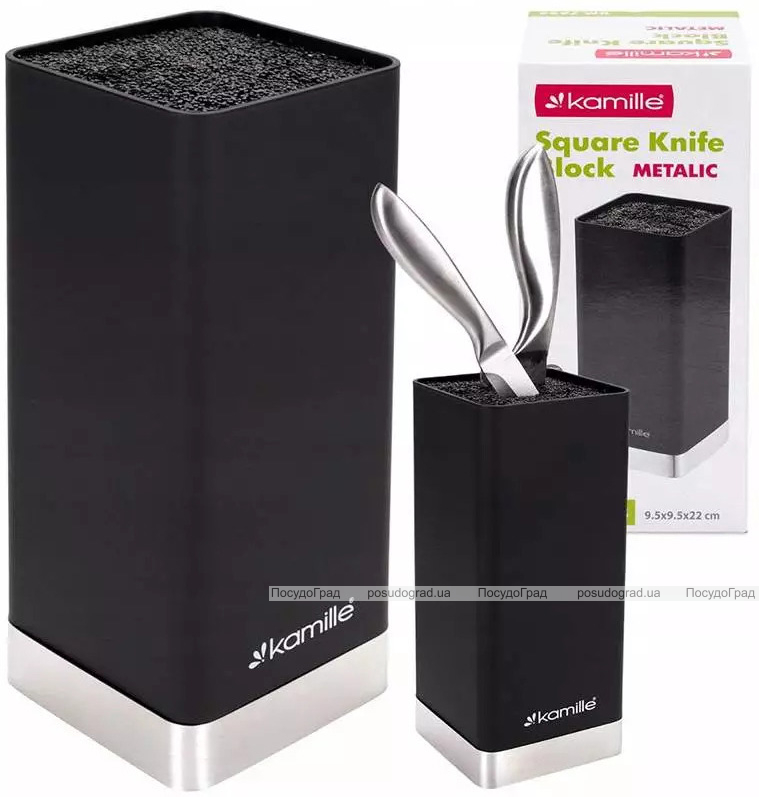 Подставка Kamille Black&Silver, колода для ножей 9.5х9.5х22см с полипропиленовым наполнителем