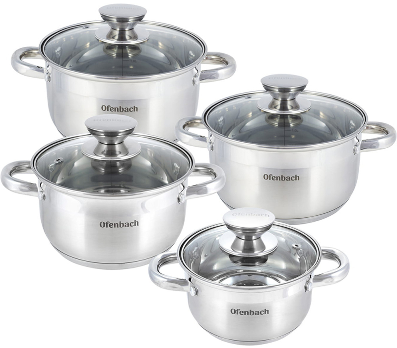 Набір 4 каструлі Ofenbach Casserole із нержавіючої сталі (1.1л, 1.7л, 2.4л, 3.4л) зі скляними кришками