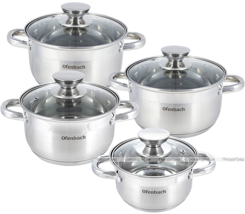Набір 4 каструлі Ofenbach Casserole із нержавіючої сталі (1.1л, 1.7л, 2.4л, 3.4л) зі скляними кришками