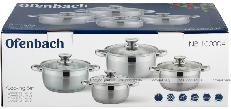 Набір 4 каструлі Ofenbach Casserole із нержавіючої сталі (1.1л, 1.7л, 2.4л, 3.4л) зі скляними кришками