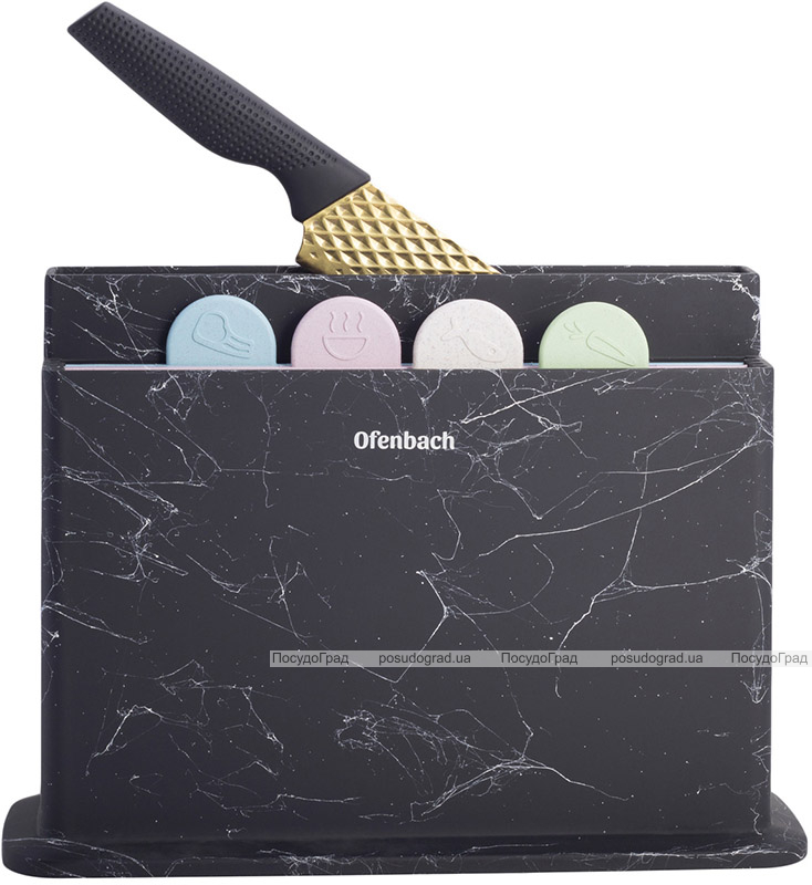 Набір 4 обробні дошки Ofenbach Black Marble 28х18х0.5см на горизонтальній підставці для ножів