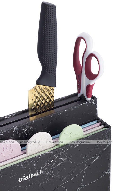 Набір 4 обробні дошки Ofenbach Black Marble 28х18х0.5см на горизонтальній підставці для ножів