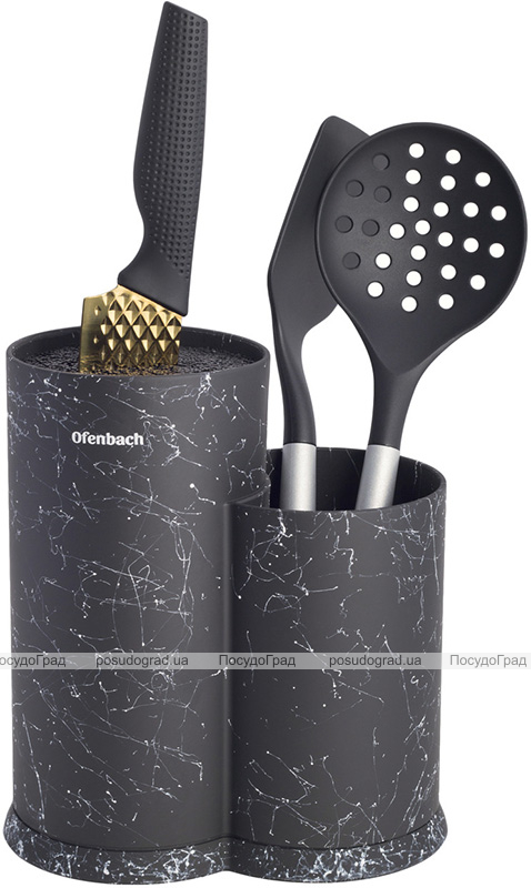 Подставка-колода Ofenbach Black Marble для кухонных ножей и ножниц 20х12х22.5см, двойная круглая