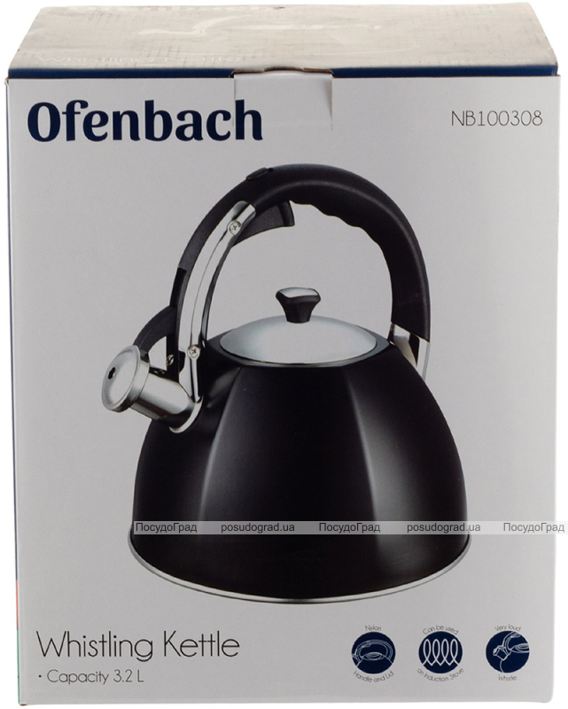 Чайник Ofenbach Augsburg Black 3.2л зі свистком, нержавіюча сталь, чорний