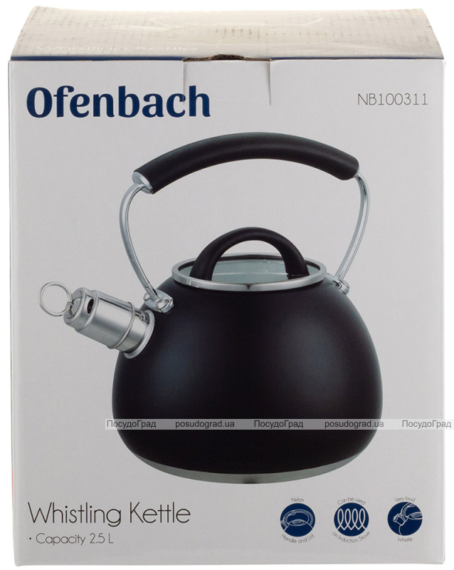 Чайник Ofenbach Magic Kettle 2.5л зі свистком та скляною кришкою, чорний