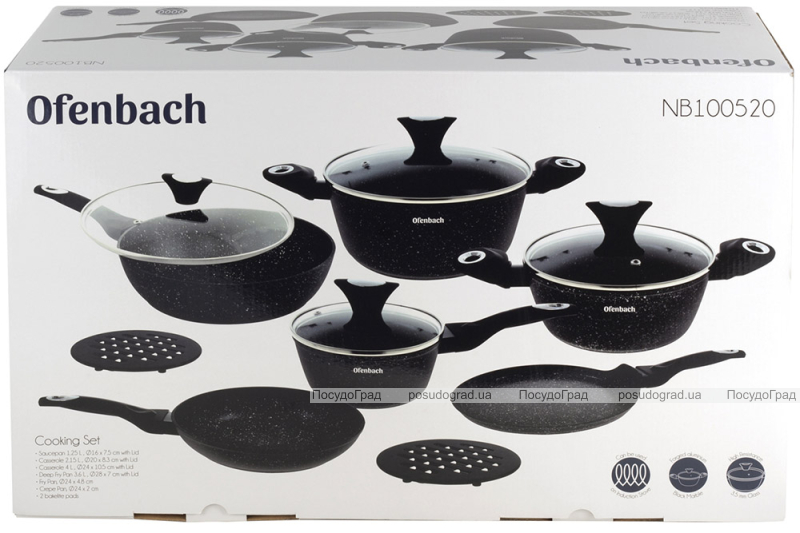 Набір кухонного посуду Ofenbach "Black Marble" 12 предметів, індукція з антипригарним покриттям