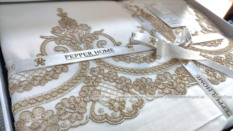 Комплект постільної білизни Pepper Home Romance Gold (євро) сатин з вишивкою та гіпюром