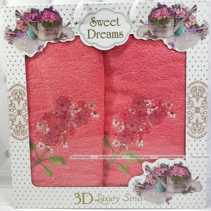 Набір 2 махрових рушника Sweet Dreams Гіацинт (50х90 та 70х140см) коралове з вишивкою