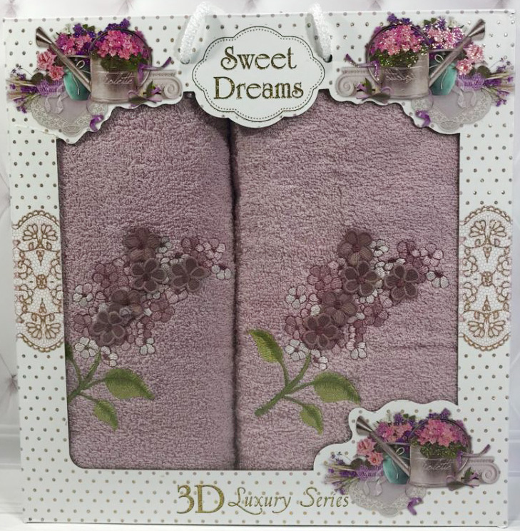 Набір 2 махрових рушника Sweet Dreams Гіацинт (50х90 та 70х140см) бузкове з вишивкою
