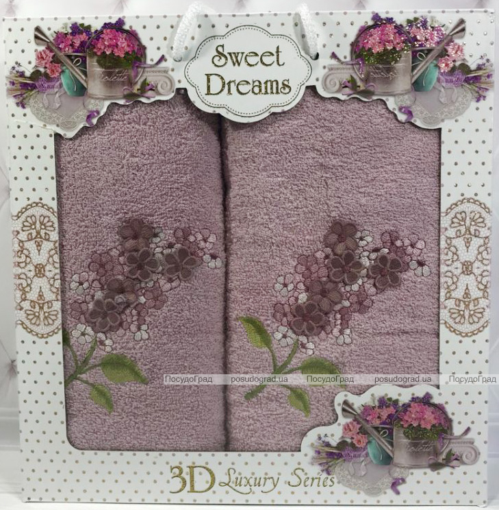 Набор 2 махровых полотенца Sweet Dreams Гиацинт (50х90 и 70х140см) сиреневое с вышивкой