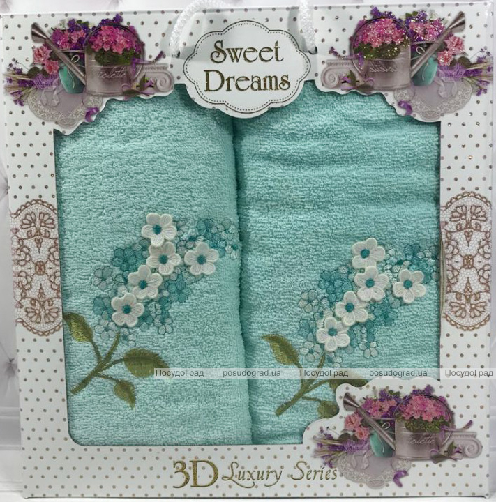 Набір 2 махрових рушника Sweet Dreams Гіацинт (50х90 та 70х140см) блакитне з вишивкою