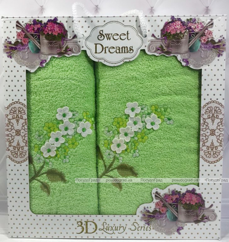 Набор 2 махровых полотенца Sweet Dreams Гиацинт (50х90 и 70х140см) салатовое с вышивкой