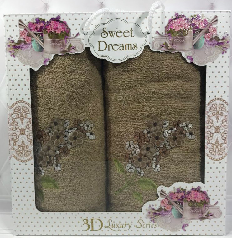 Набір 2 махрових рушника Sweet Dreams Гіацинт (50х90 та 70х140см) бежеве з вишивкою