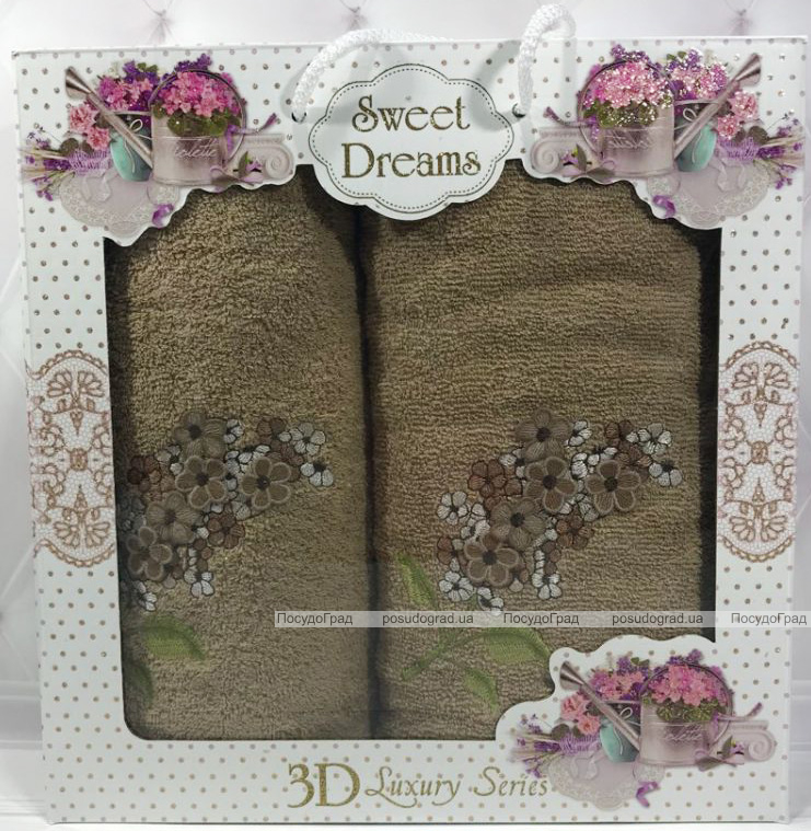 Набор 2 махровых полотенца Sweet Dreams Гиацинт (50х90 и 70х140см) бежевое с вышивкой