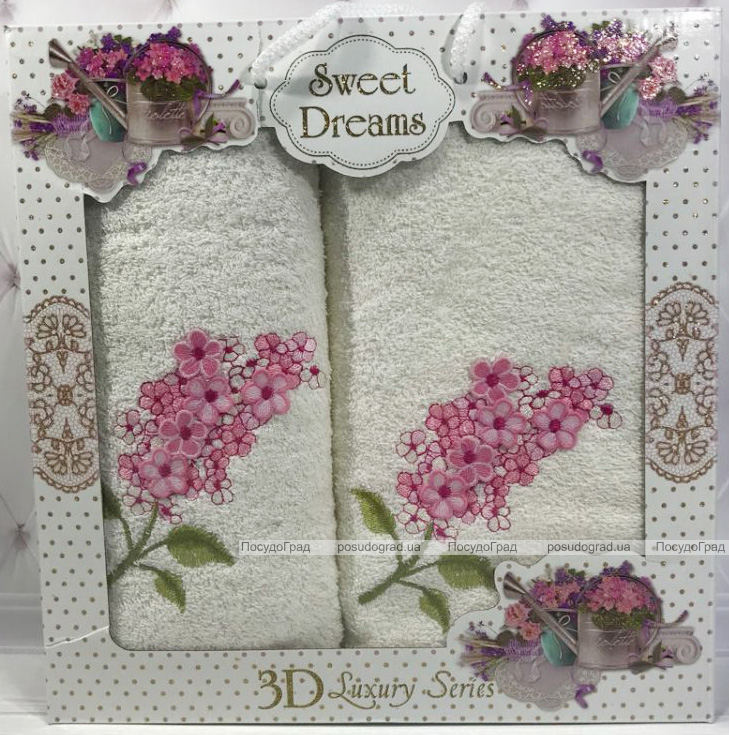 Набір 2 махрових рушника Sweet Dreams Гіацинт (50х90 та 70х140см) молочне з вишивкою