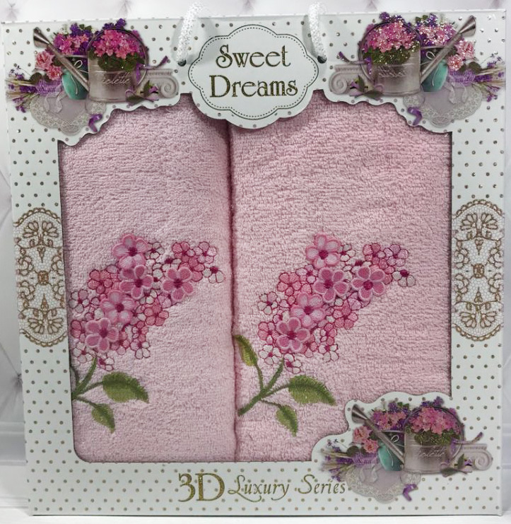Набір 2 махрових рушника Sweet Dreams Гіацинт (50х90 та 70х140см) рожеве з вишивкою