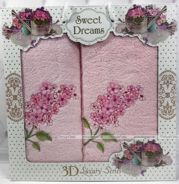 Набір 2 махрових рушника Sweet Dreams Гіацинт (50х90 та 70х140см) рожеве з вишивкою