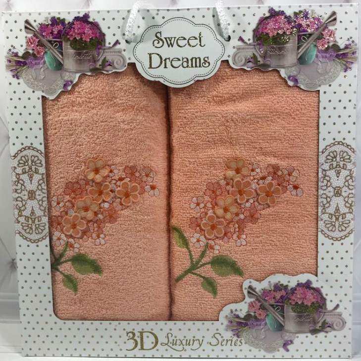 Набір 2 махрових рушника Sweet Dreams Гіацинт (50х90 та 70х140см) персикове з вишивкою