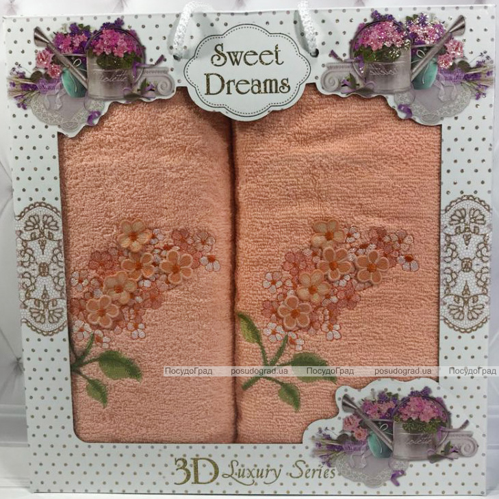 Набор 2 махровых полотенца Sweet Dreams Гиацинт (50х90 и 70х140см) персиковое с вышивкой