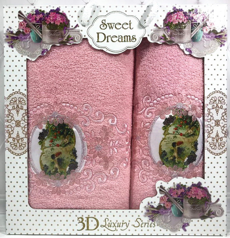 Набор 2 махровых полотенца Sweet Dreams "Ангелочки" (50х90 и 70х140см) розовые