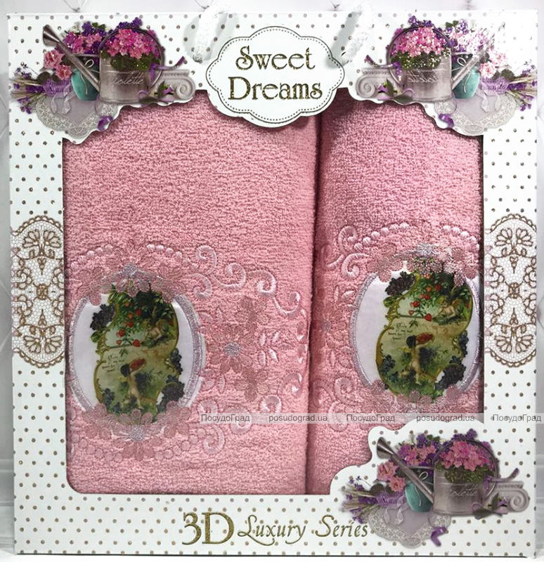Набір 2 махрових рушника Sweet Dreams "Янголята" (50х90 та 70х140см) темно-рожеві