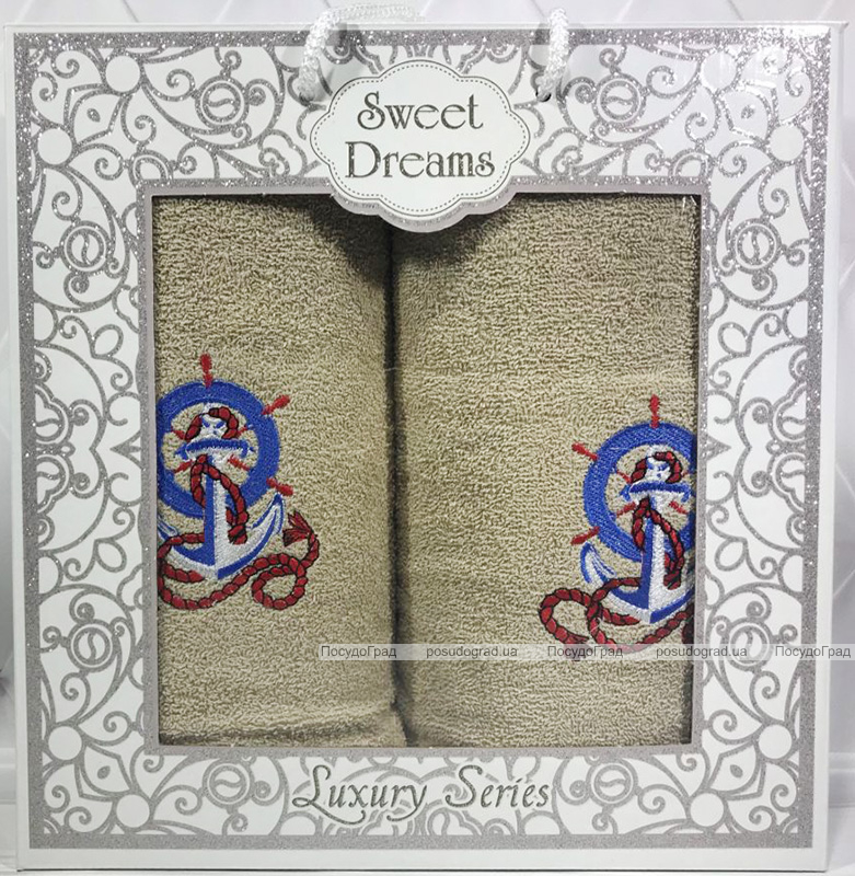Набор 2 махровых полотенца Sweet Dreams M3 (50х90 и 70х140см) бежевые с вышивкой
