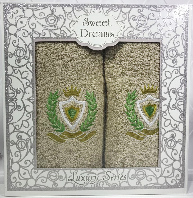 Набір 2 махрових рушника Sweet Dreams M1 (50х90 та 70х140см) бежеві з вишивкою