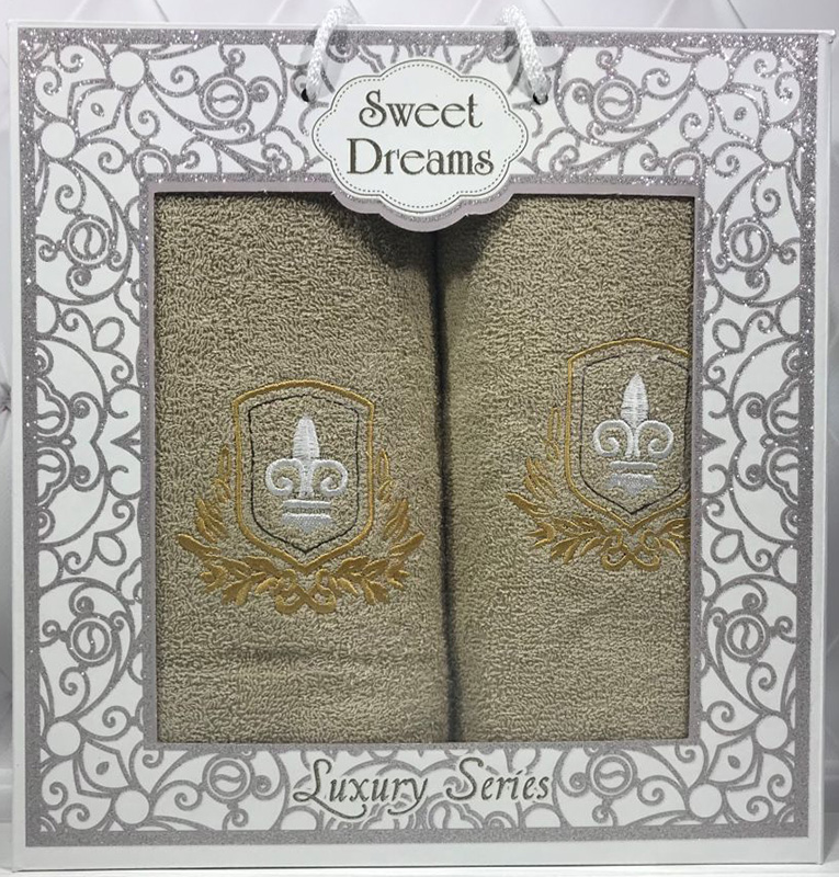 Набір 2 махрових рушника Sweet Dreams M2 (50х90 та 70х140см) бежеві з вишивкою