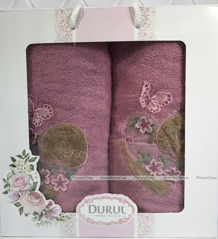 Набір 2 рушника Durul M2 бузкові 3D з вишивкою (50х90 та 70х140см), бавовна