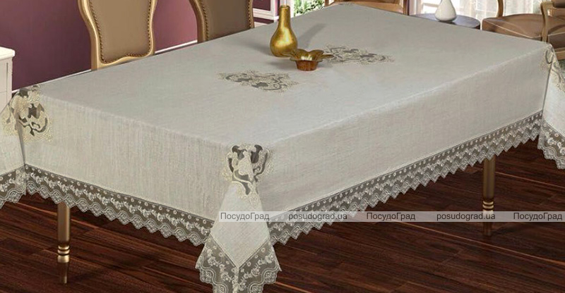 Скатертина Isadora Asel 160х220см з мереживами і декоративним камінням, сіра