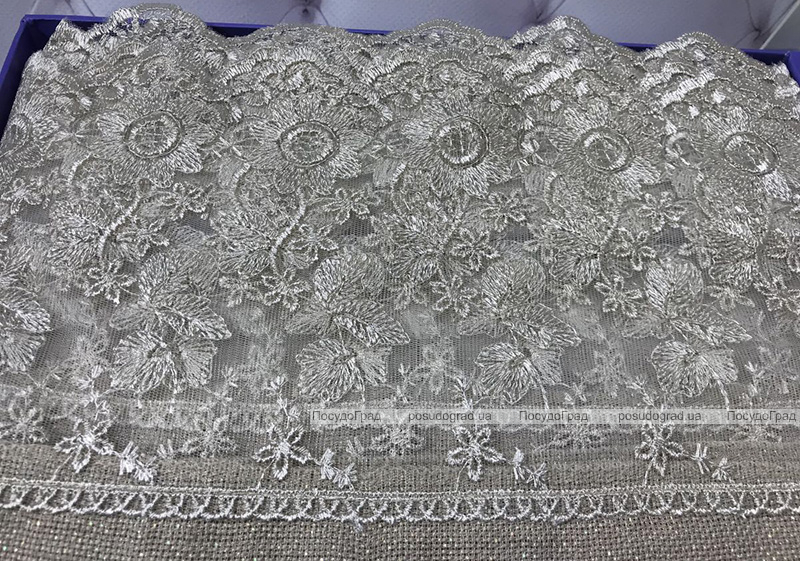 Скатертина Isadora Asel 160х220см з мереживами і декоративним камінням, сіра