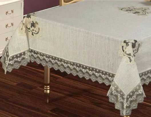 Скатерть Isadora Asel 160х220см с кружевами и декоративными камнями, серая