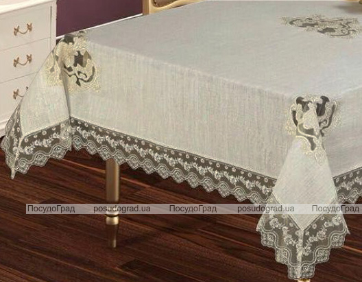 Скатертина Isadora Asel 160х220см з мереживами і декоративним камінням, сіра