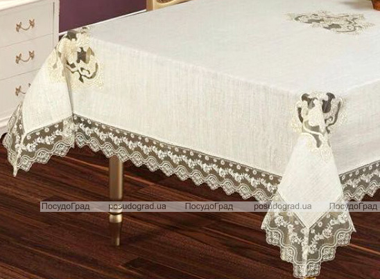Скатертина Isadora Asel 160х220см з мереживами і декоративним камінням, біла