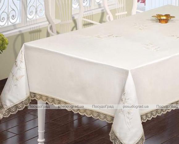 Скатертина Isadora Salkim White 160х220см з мереживами і декоративною вишивкою, біла