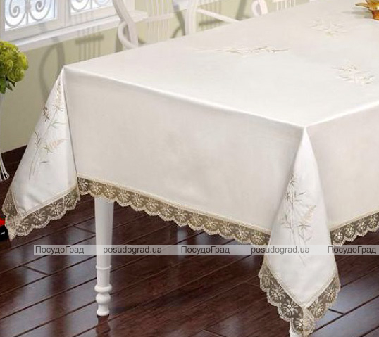 Скатертина Isadora Salkim 160х220см з мереживами, біла із золотом