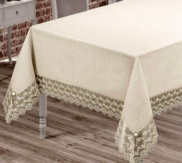 Скатерть Isadora Simanur 160х220см с кружевами и декоративными камнями, белая