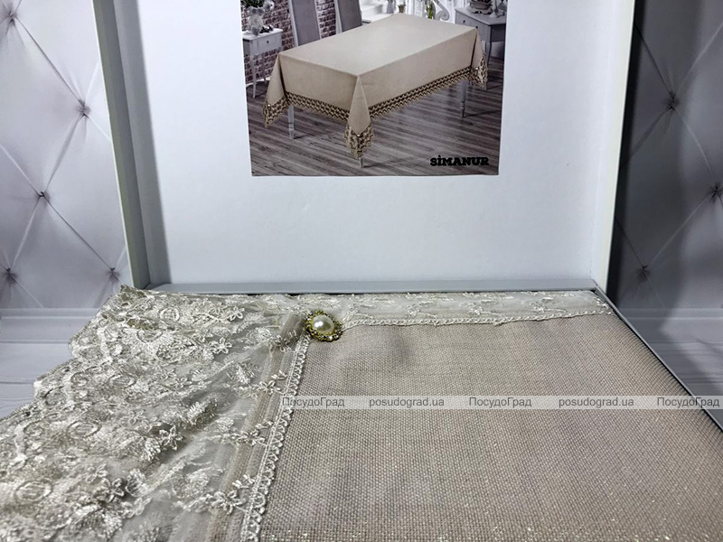 Скатертина Isadora Simanur 160х220см з мереживами і декоративним камінням, бежева