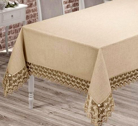 Скатерть Isadora Simanur 160х220см с кружевами и декоративными камнями, бежевая