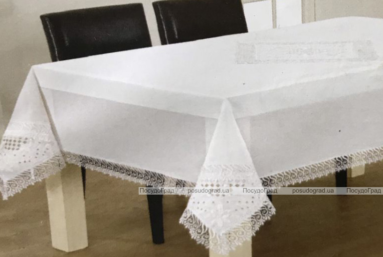 Скатертина Isadora Sumeya White 160х220см з мереживами і декоративною вишивкою, біла