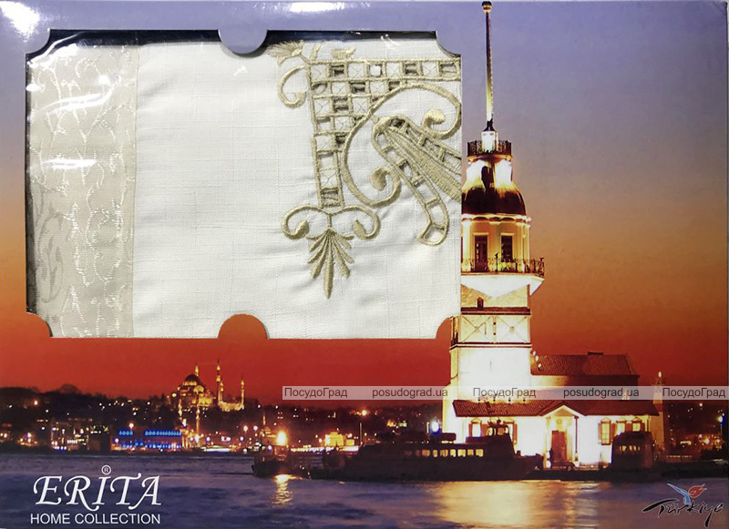 Скатертина Isadora Tuana 160х220см з мереживами і декоративною вишивкою, біла із золотом