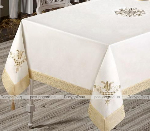 Скатертина Isadora Tuana 160х220см з мереживами і декоративною вишивкою, біла із золотом