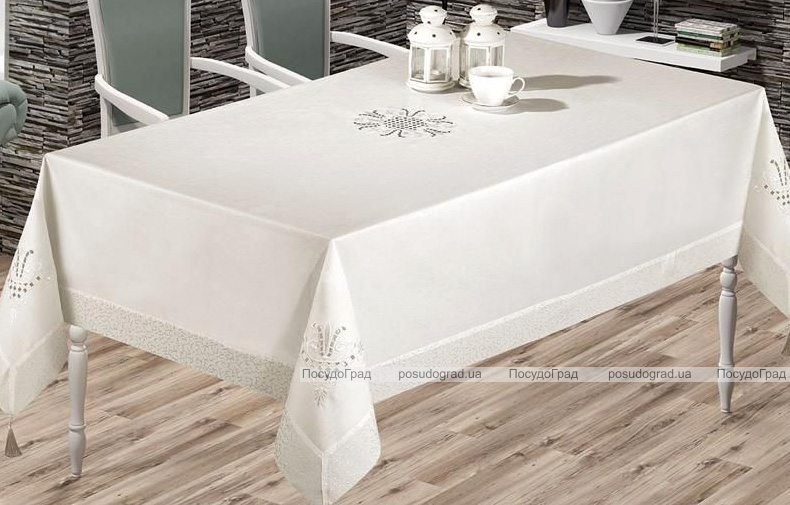 Скатертина Isadora Tuana 160х220см з мереживами і декоративною вишивкою, біла