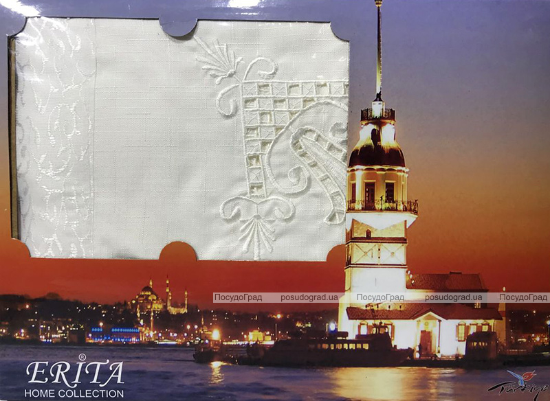 Скатертина Isadora Tuana 160х220см з мереживами і декоративною вишивкою, біла