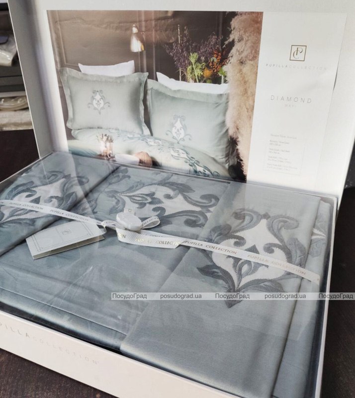 Комплект постільної білизни Pupilla Diamond Mavi (євро), сатин з вишивкою