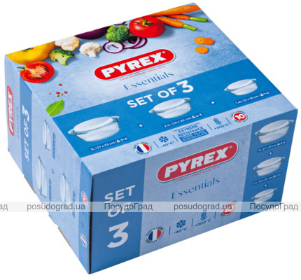 Набір каструль Pyrex Essentials 1.4л, 2.1л, 3л, жароміцне скло