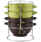 Набор суповых мисок Wellberg Bamboo 680мл 4 миски с ручками и подставка